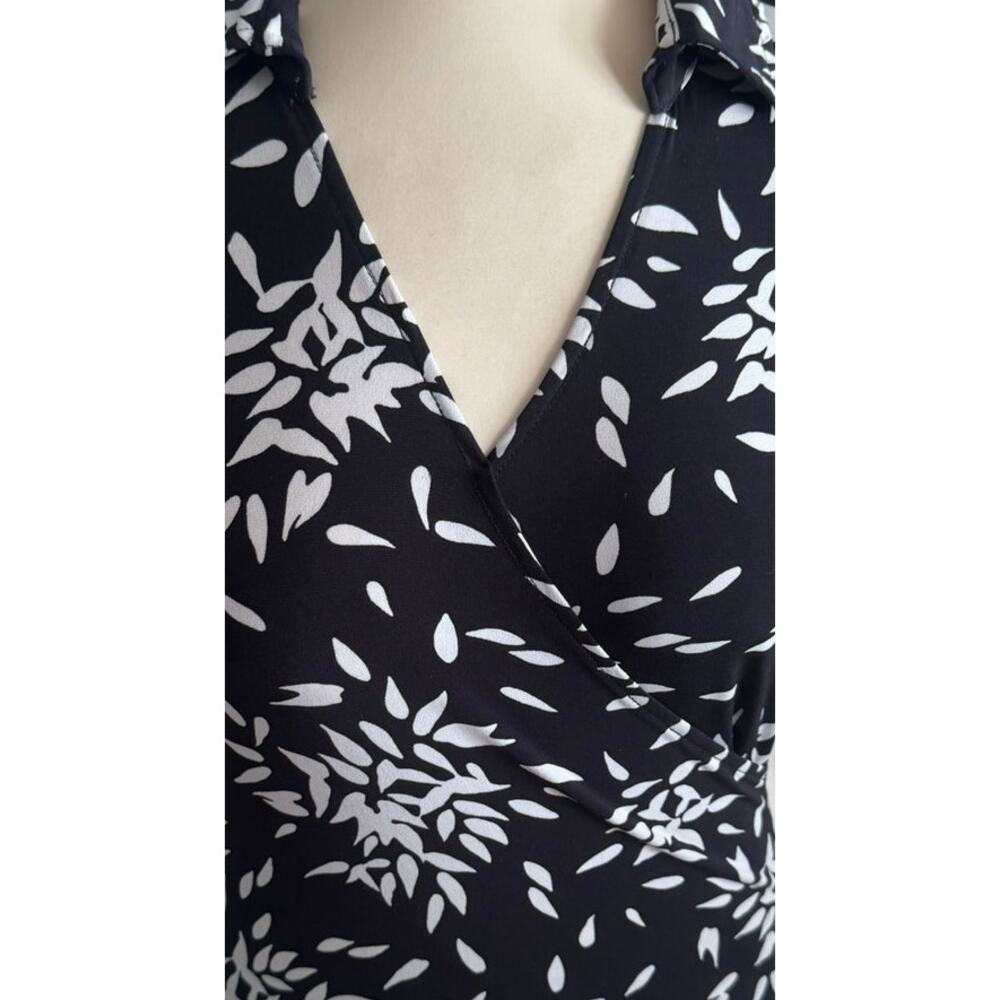 Merona Womens Medium Pullover Wrap Collared Top Short Sleeve Black White Print - Picture 3 of 8